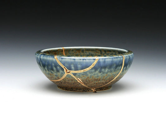 Medium Brown and Blue Kintsugi Bowl Kintsugi Reborn