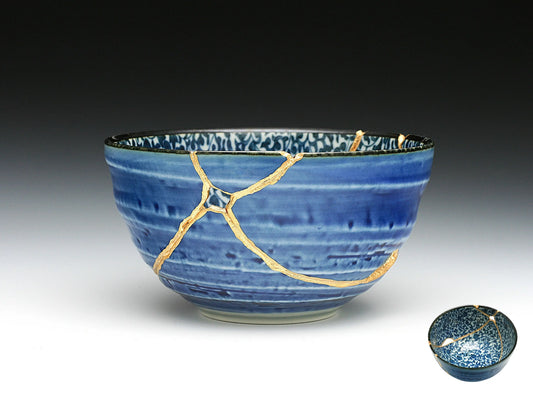 Large Blue Kintsugi Bowl with Ivy Pattern Kintsugi Reborn