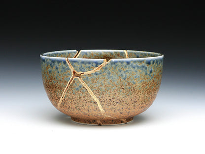 Large Brown and Blue Kintsugi Bowl Front View - Kintsugi Reborn, LLC.