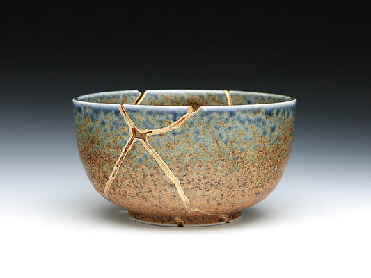 Large Brown and Blue Kintsugi Bowl Front View - Kintsugi Reborn, LLC.