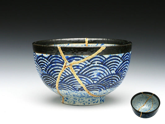 Medium Blue and White Kintsugi Bowl with Aranami Pattern Kintsugi Reborn