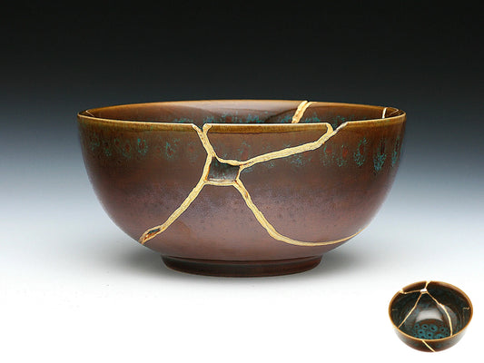 Large Brown Kintsugi Bowl with Peacock Pattern Kintsugi Reborn