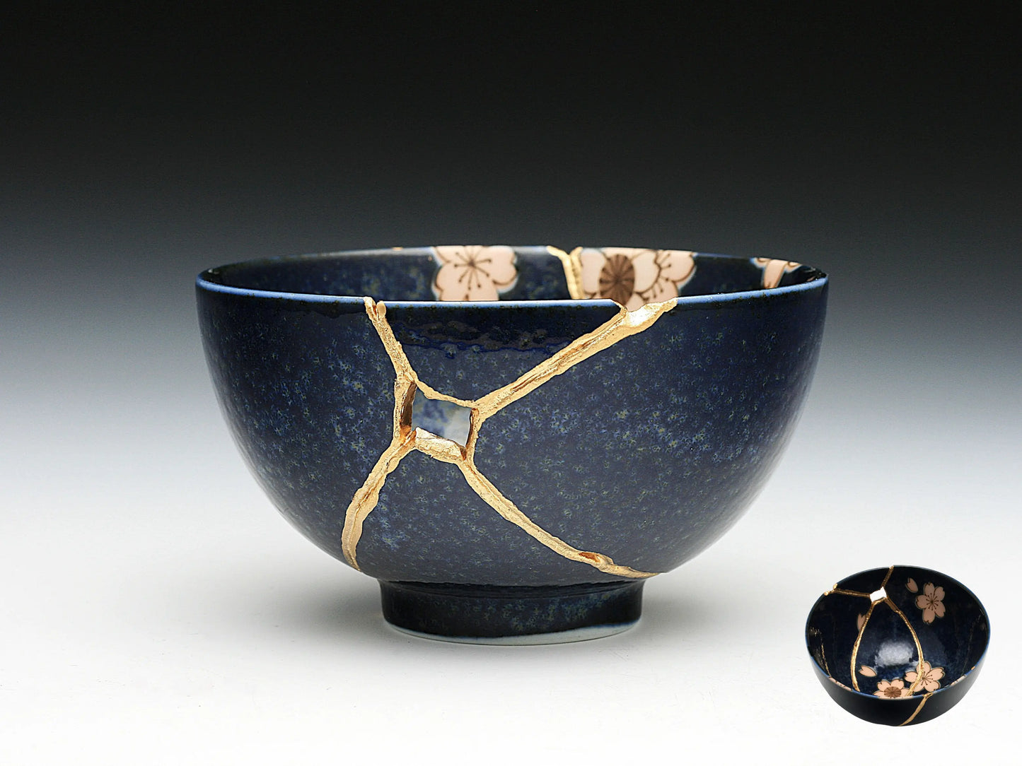 Medium Dark Blue Kintsugi Bowl with Sakura Pattern Kintsugi Reborn