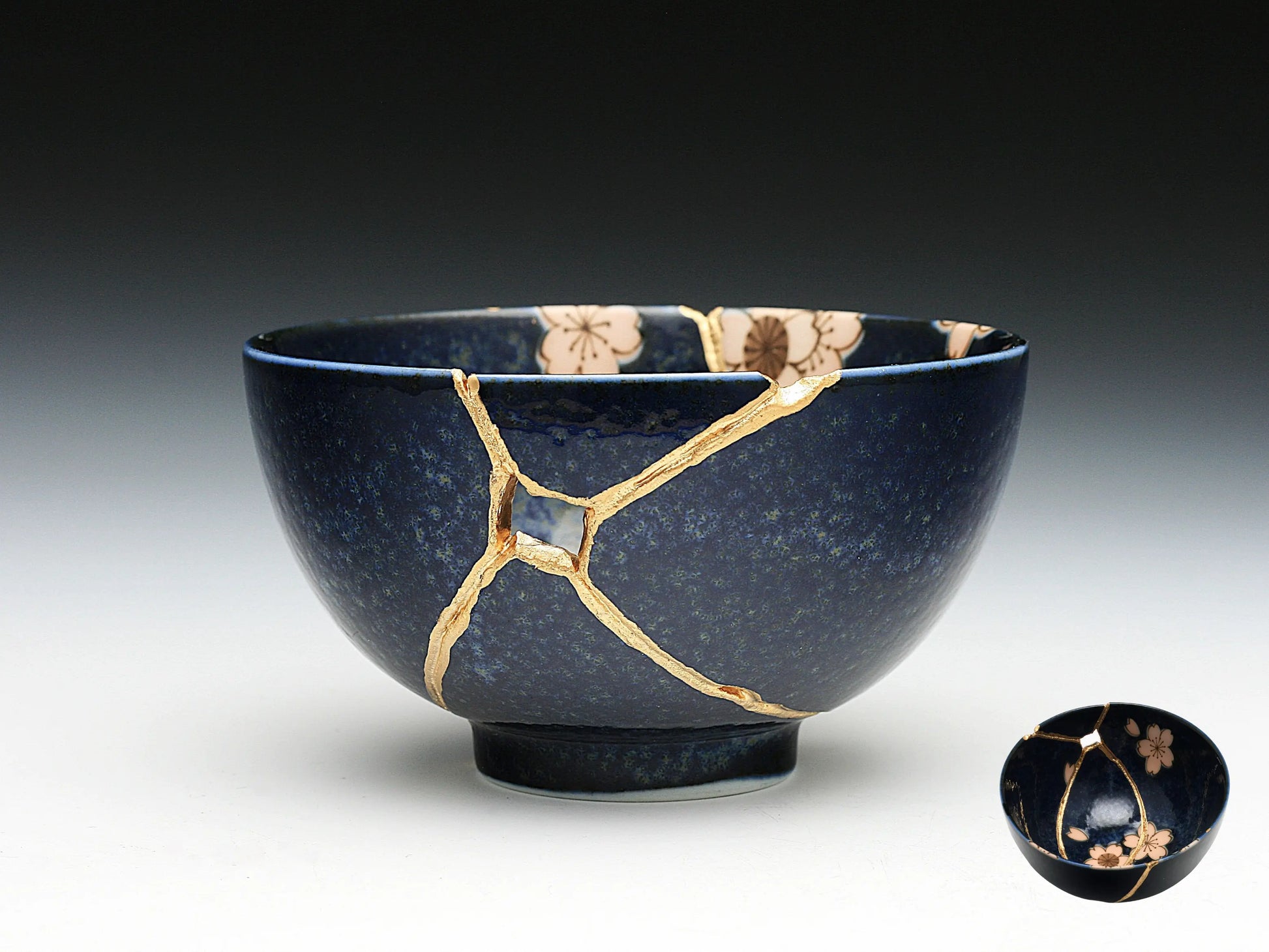 Medium Dark Blue Kintsugi Bowl with Sakura Pattern Kintsugi Reborn