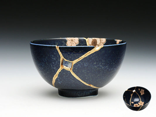 Medium Dark Blue Kintsugi Bowl with Sakura Pattern Kintsugi Reborn