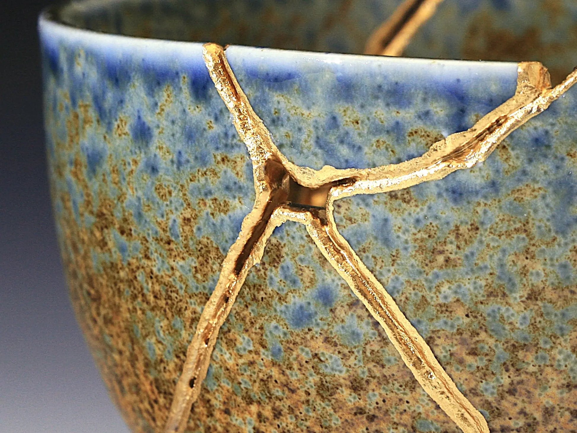 Large Brown and Blue Kintsugi Bowl Front View Close Up - Kintsugi Reborn, LLC.