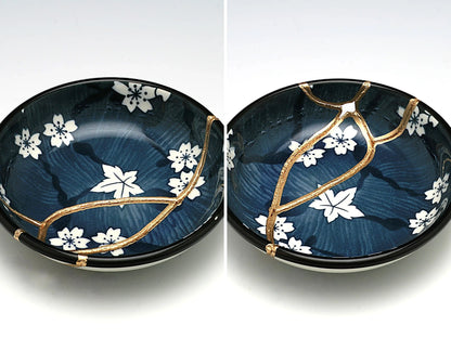 Small Blue Kintsugi Plate with White Flowers Kintsugi Reborn