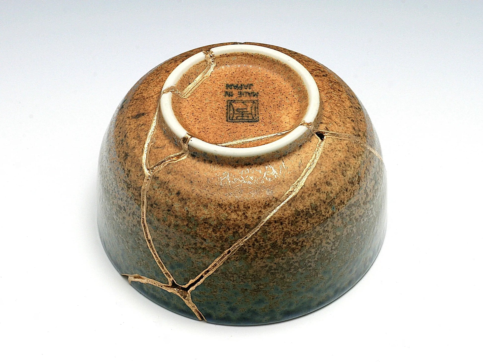 Large Brown and Blue Kintsugi Bowl upside down view - Kintsugi Reborn, LLC.