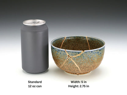 Large Brown and Blue Kintsugi Bowl next to can with measurements showing size - Kintsugi Reborn, LLC.