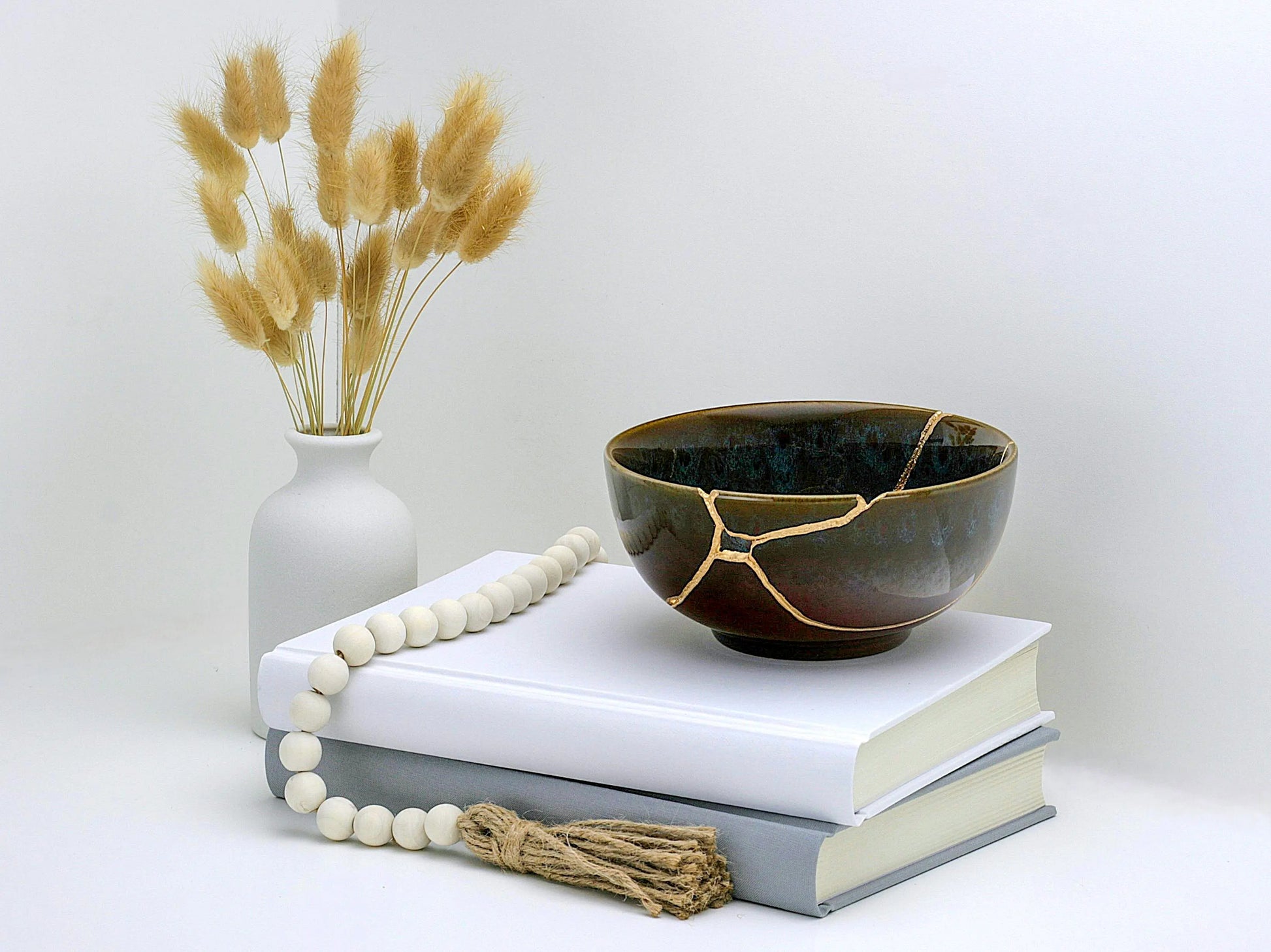 Large Brown Kintsugi Bowl with Peacock Pattern Kintsugi Reborn