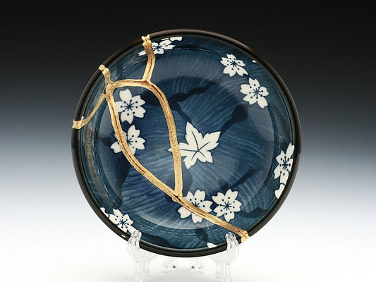Small Blue Kintsugi Plate with White Flowers Kintsugi Reborn