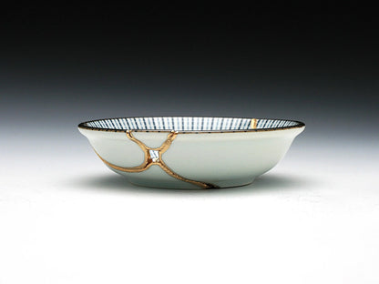 Small Blue and White Kintsugi Plate with Lines Kintsugi Reborn