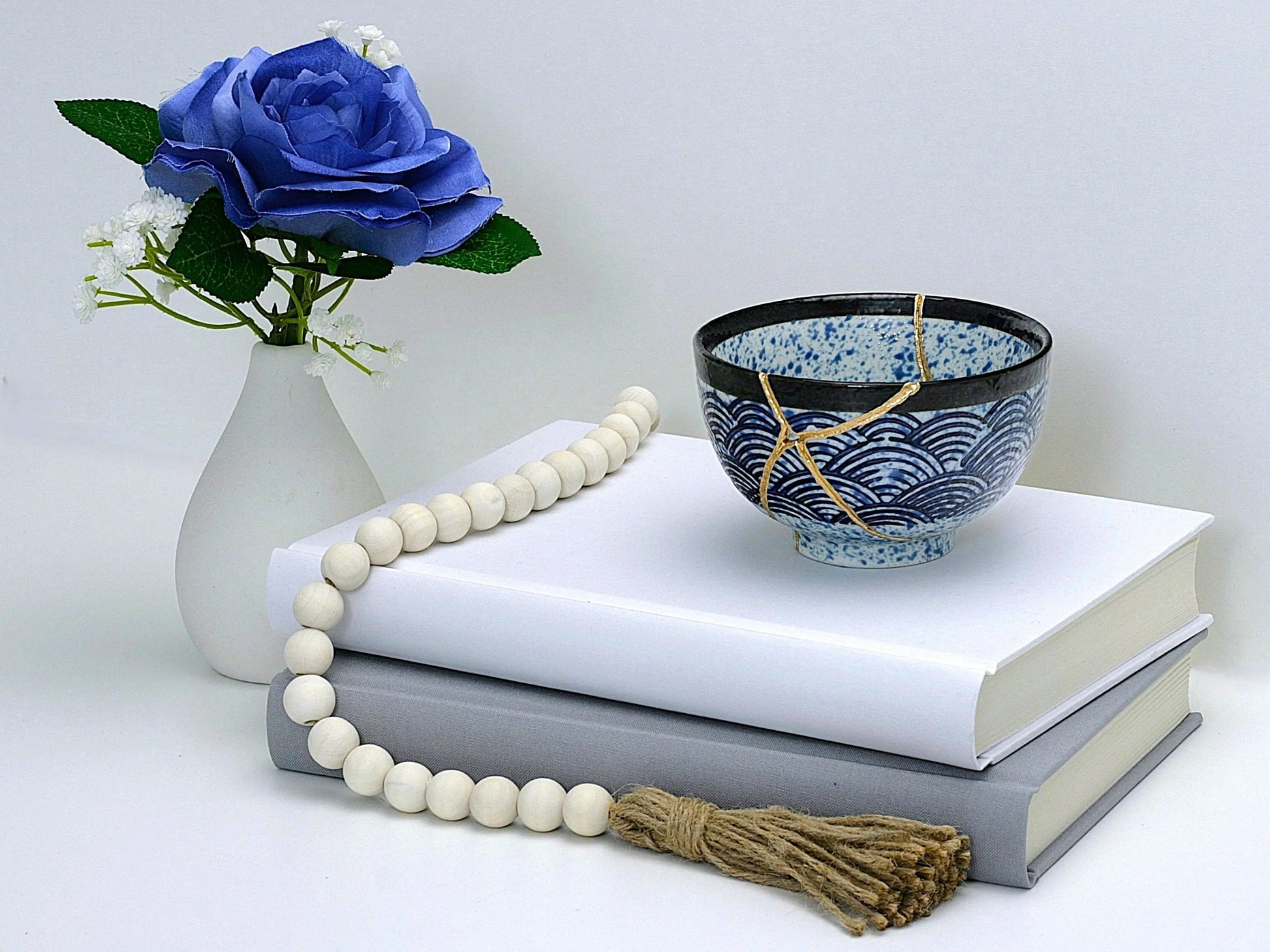 Medium Blue and White Kintsugi Bowl with Aranami Pattern Kintsugi Reborn