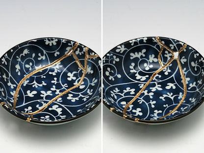 Small Blue and White Kintsugi Plate with Vines Kintsugi Reborn