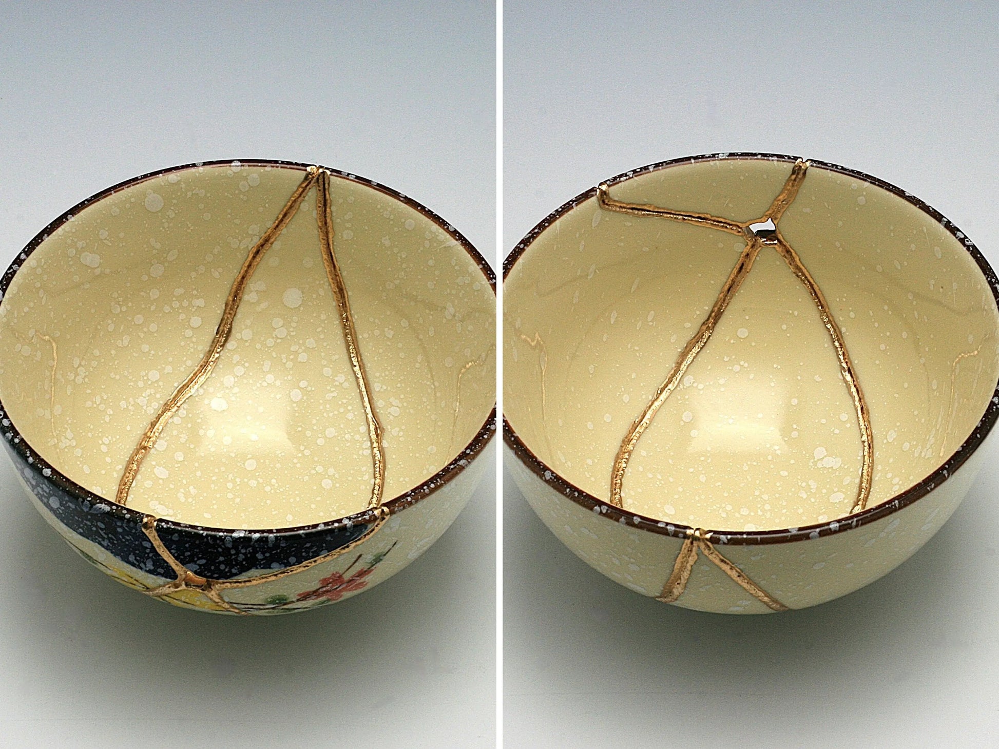 Medium Beige Kintsugi Bowl with Red and Yellow Flowers Kintsugi Reborn