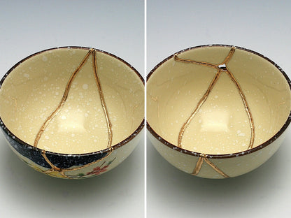 Medium Beige Kintsugi Bowl with Red and Yellow Flowers Kintsugi Reborn