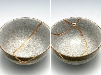 Medium Brown and White Kintsugi Bowl with Texture Kintsugi Reborn