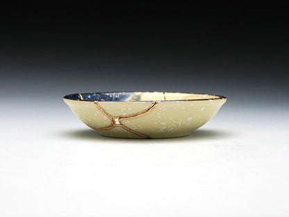 Small Beige Kintsugi Plate with Red and Yellow Flowers Kintsugi Reborn