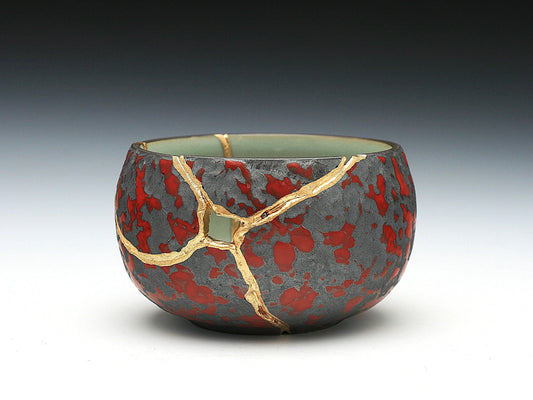 Small Red and Gray Kintsugi Teacup with Texture Kintsugi Reborn