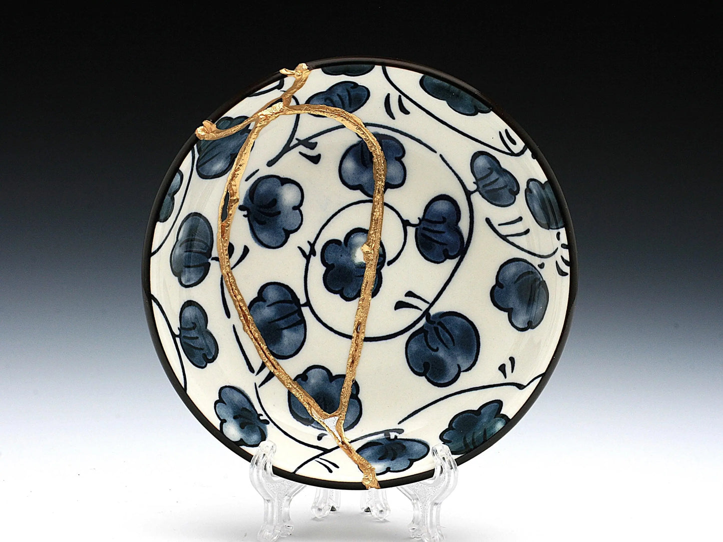 Small Blue and White Kintsugi Plate with Leaves Kintsugi Reborn