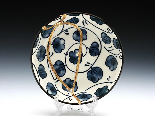 Small Blue and White Kintsugi Plate with Leaves Kintsugi Reborn