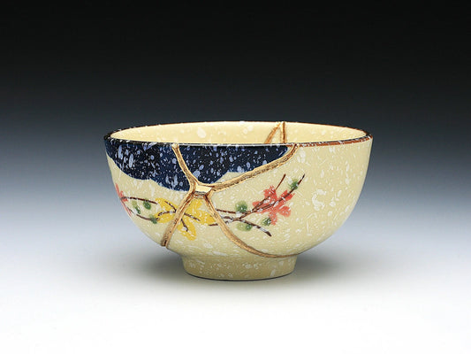 Medium Beige Kintsugi Bowl with Red and Yellow Flowers Kintsugi Reborn