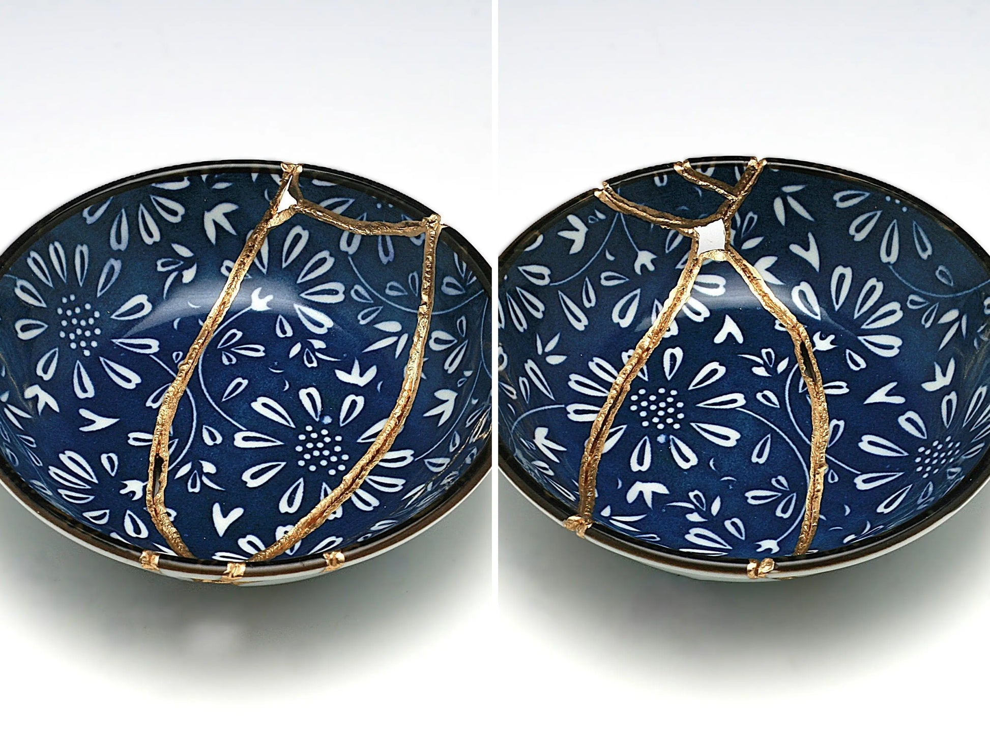 Small Blue and White Kintsugi Plate with Flowers Kintsugi Reborn