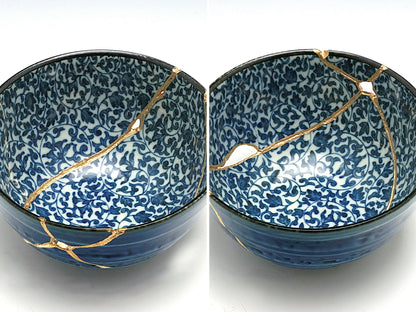 Large Blue Kintsugi Bowl with Ivy Pattern Kintsugi Reborn