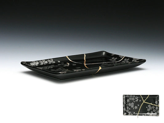 Medium Black Kintsugi Plate with Sakura Pattern Kintsugi Reborn