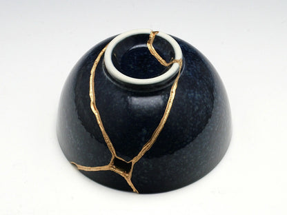 Medium Dark Blue Kintsugi Bowl with Sakura Pattern Kintsugi Reborn