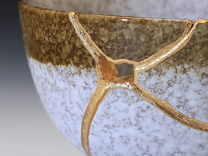 Medium Brown and White Kintsugi Bowl with Texture Kintsugi Reborn