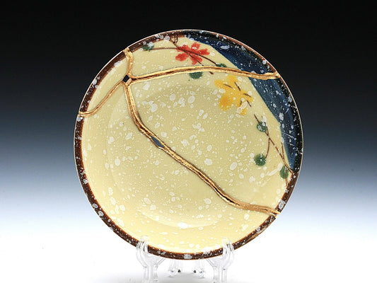 Small Beige Kintsugi Plate with Red and Yellow Flowers Kintsugi Reborn