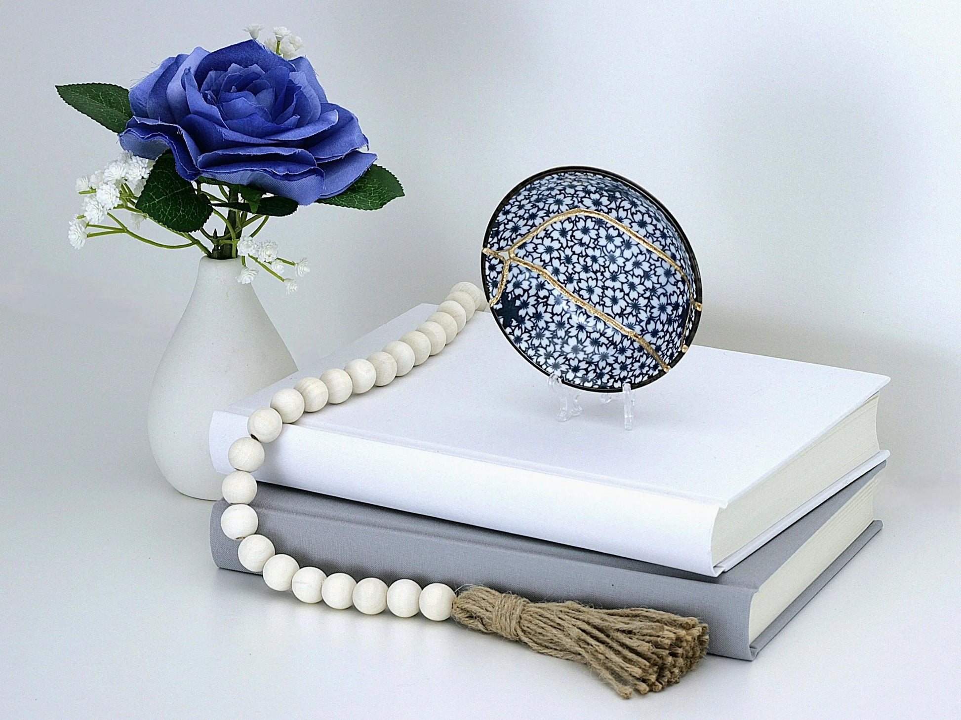 Small Blue and White Kintsugi Plate with Small Flowers Kintsugi Reborn