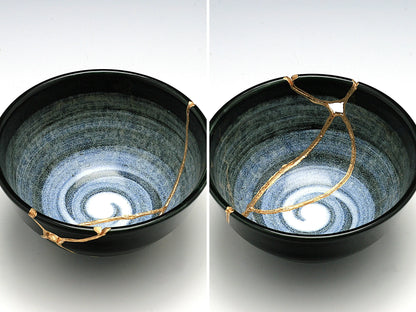 Medium Black and White Kintsugi Bowl with Swirl Pattern Kintsugi Reborn