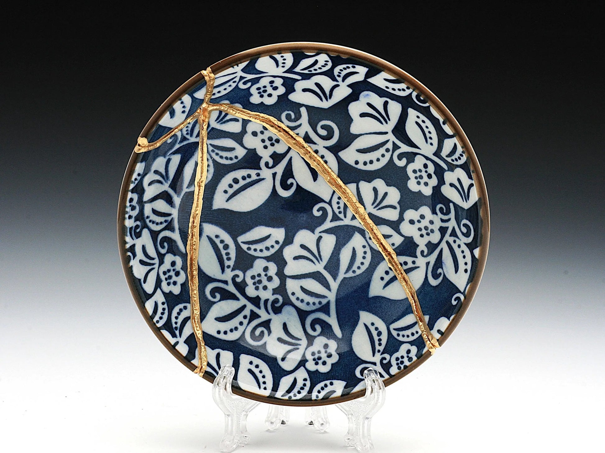 Small Blue and White Kintsugi Plate with Leaves Kintsugi Reborn