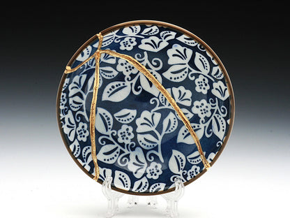 Small Blue and White Kintsugi Plate with Leaves Kintsugi Reborn