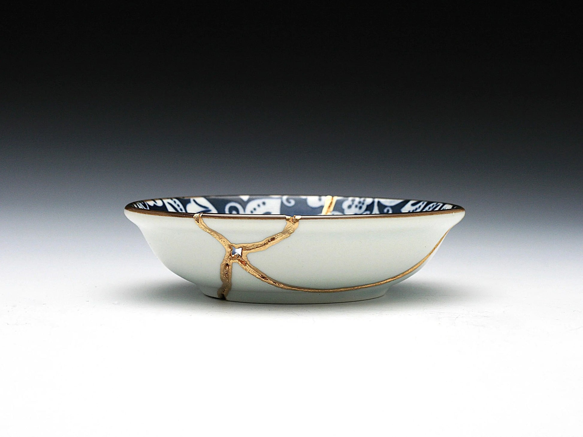 Small Blue and White Kintsugi Plate with Leaves Kintsugi Reborn
