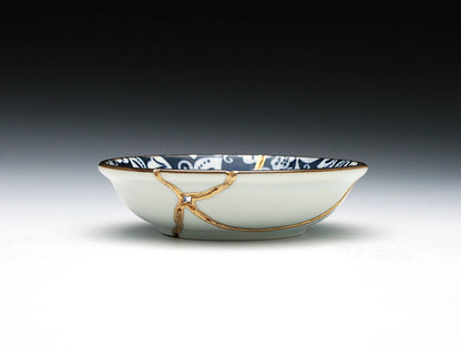 Small Blue and White Kintsugi Plate with Leaves Kintsugi Reborn
