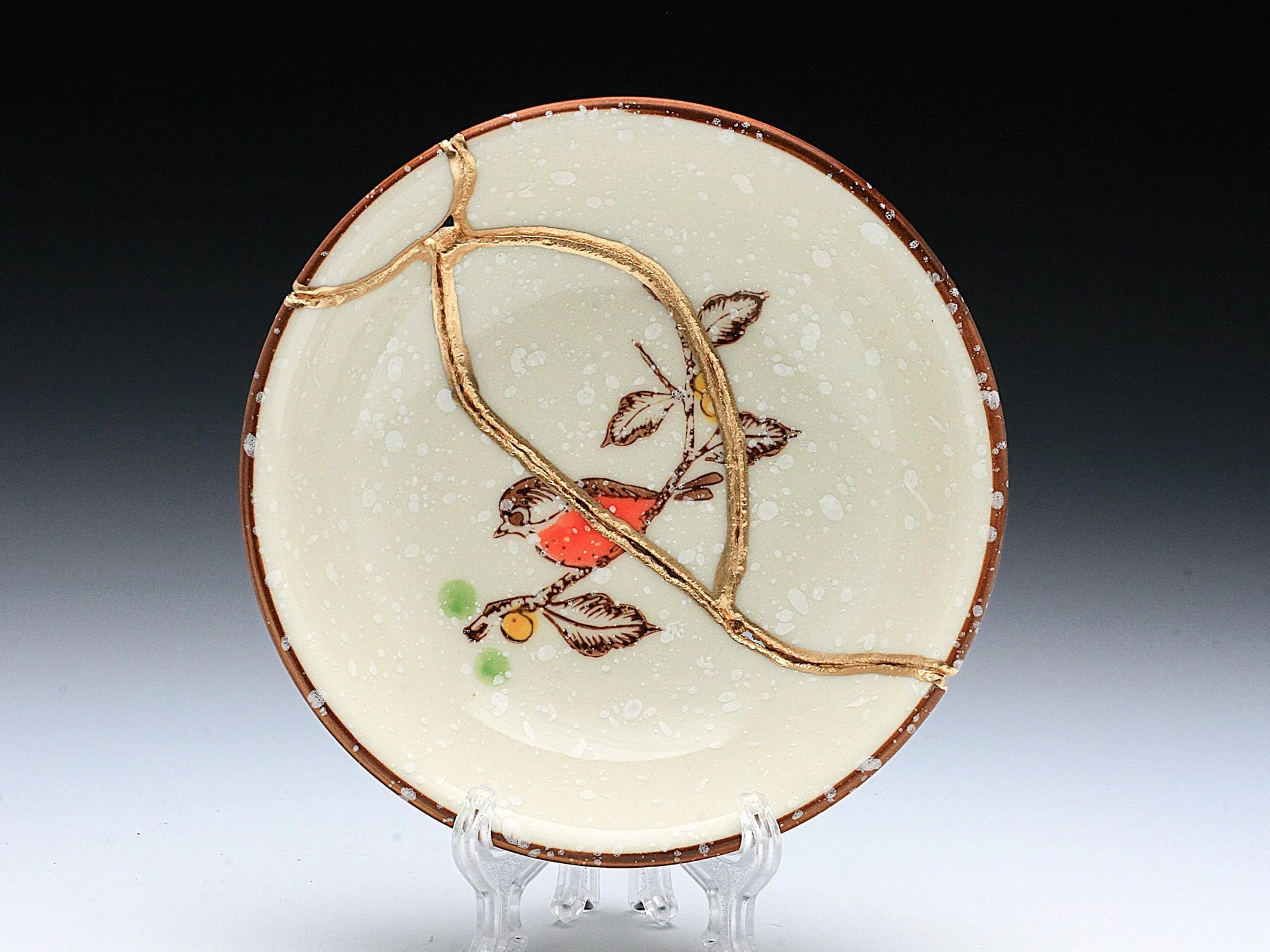 Small Beige Kintsugi Plate with Bird Image Kintsugi Reborn