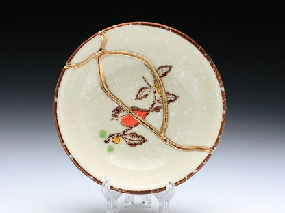 Small Beige Kintsugi Plate with Bird Image Kintsugi Reborn