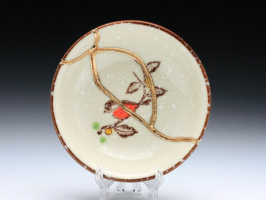 Small Beige Kintsugi Plate with Bird Image Kintsugi Reborn