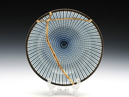 Small Blue and White Kintsugi Plate with Lines Kintsugi Reborn