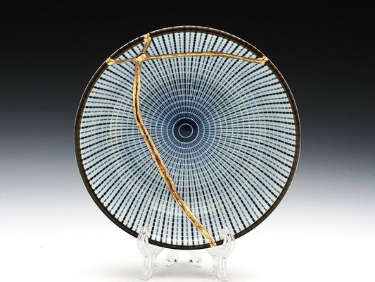 Small Blue and White Kintsugi Plate with Lines Kintsugi Reborn