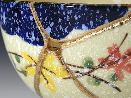 Medium Beige Kintsugi Bowl with Red and Yellow Flowers Kintsugi Reborn