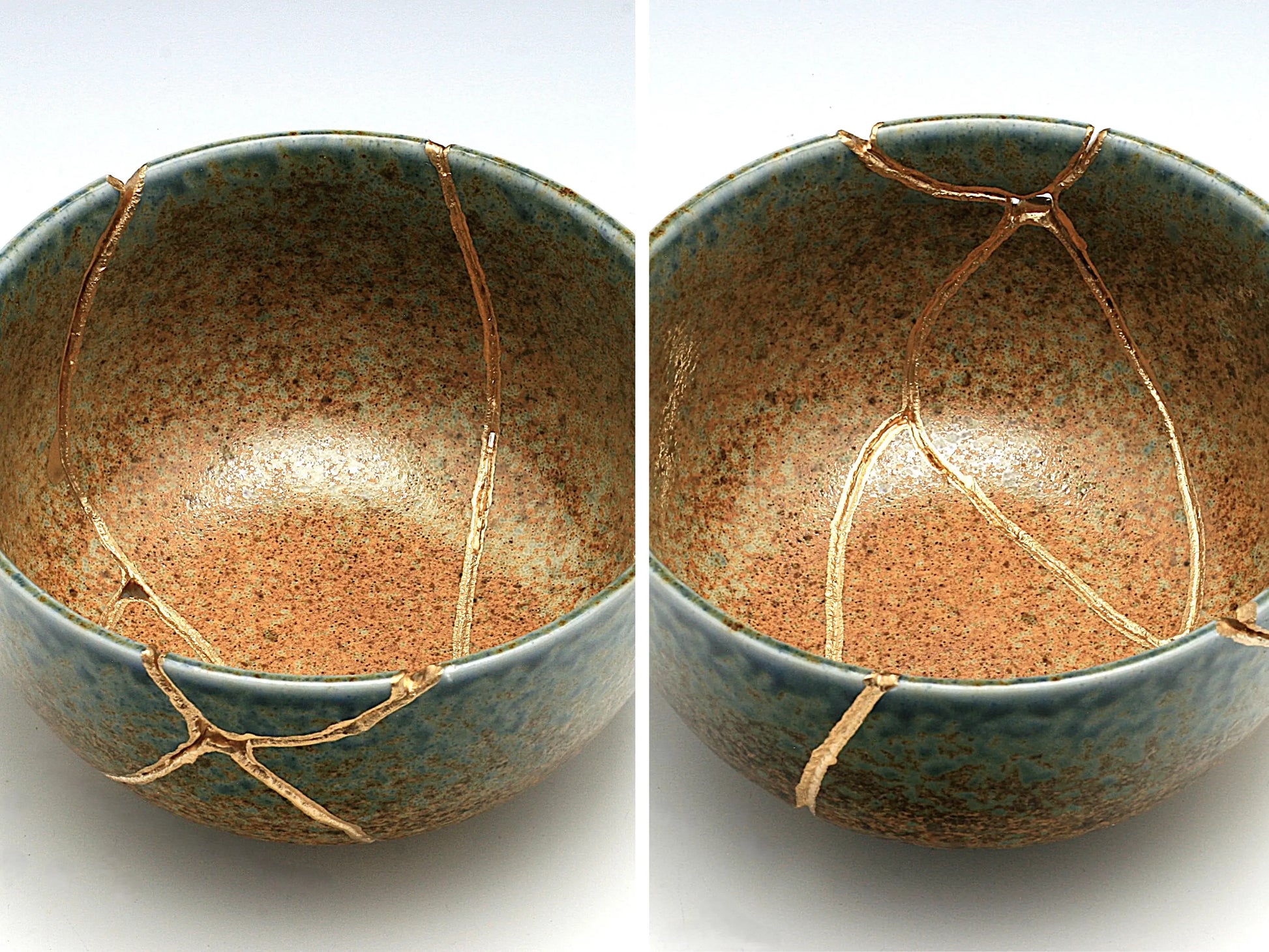 Large Brown and Blue Kintsugi Bowl Side by Side shot top down view - Kintsugi Reborn, LLC.