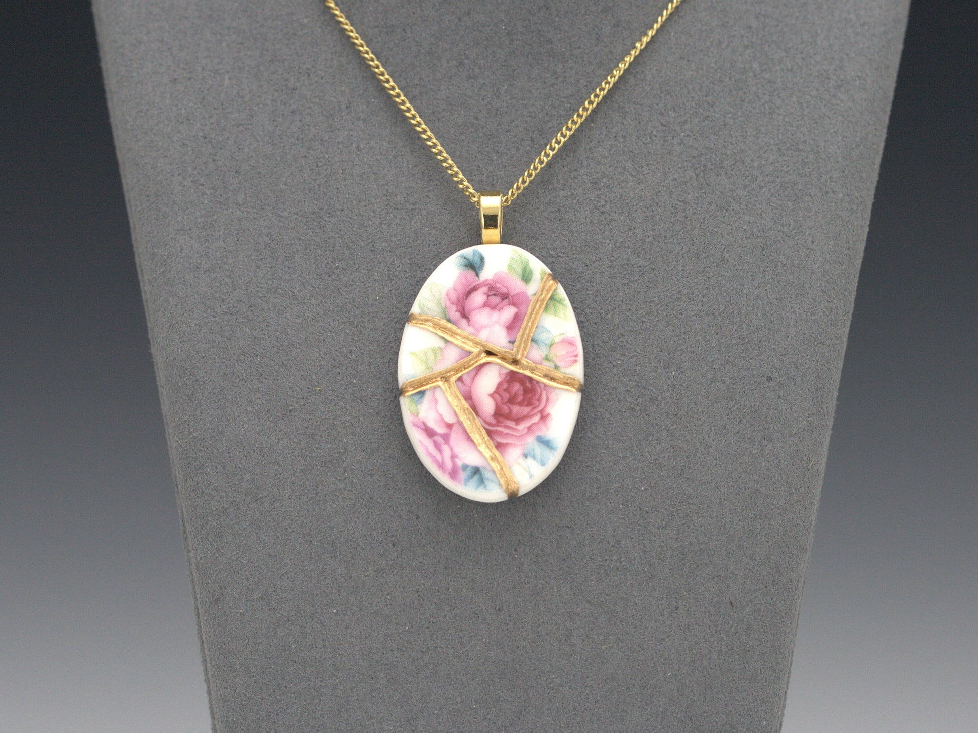 Blooming Pink Rose Kintsugi Necklace Kintsugi Reborn