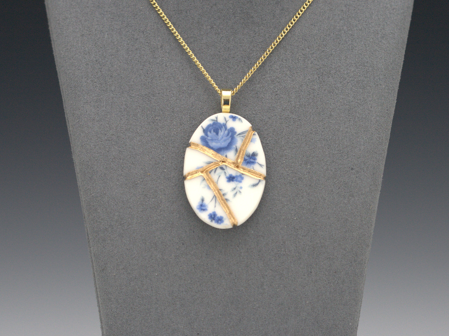 Soft Blue Floral Kintsugi Necklace Kintsugi Reborn