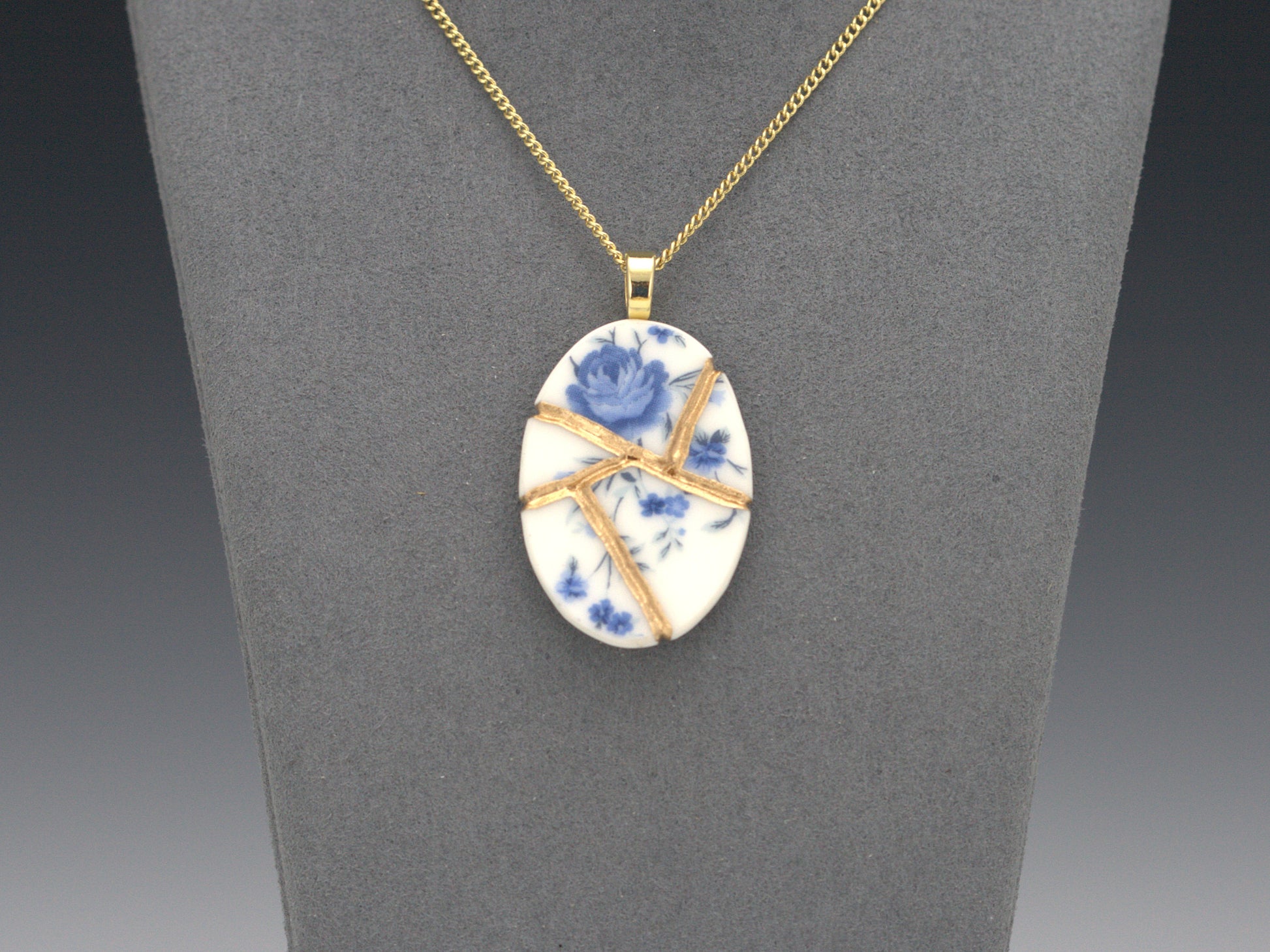 Soft Blue Floral Kintsugi Necklace Kintsugi Reborn