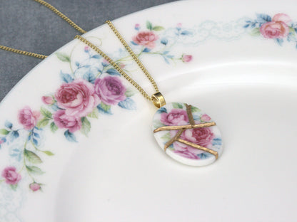 Blooming Pink Rose Kintsugi Necklace Kintsugi Reborn