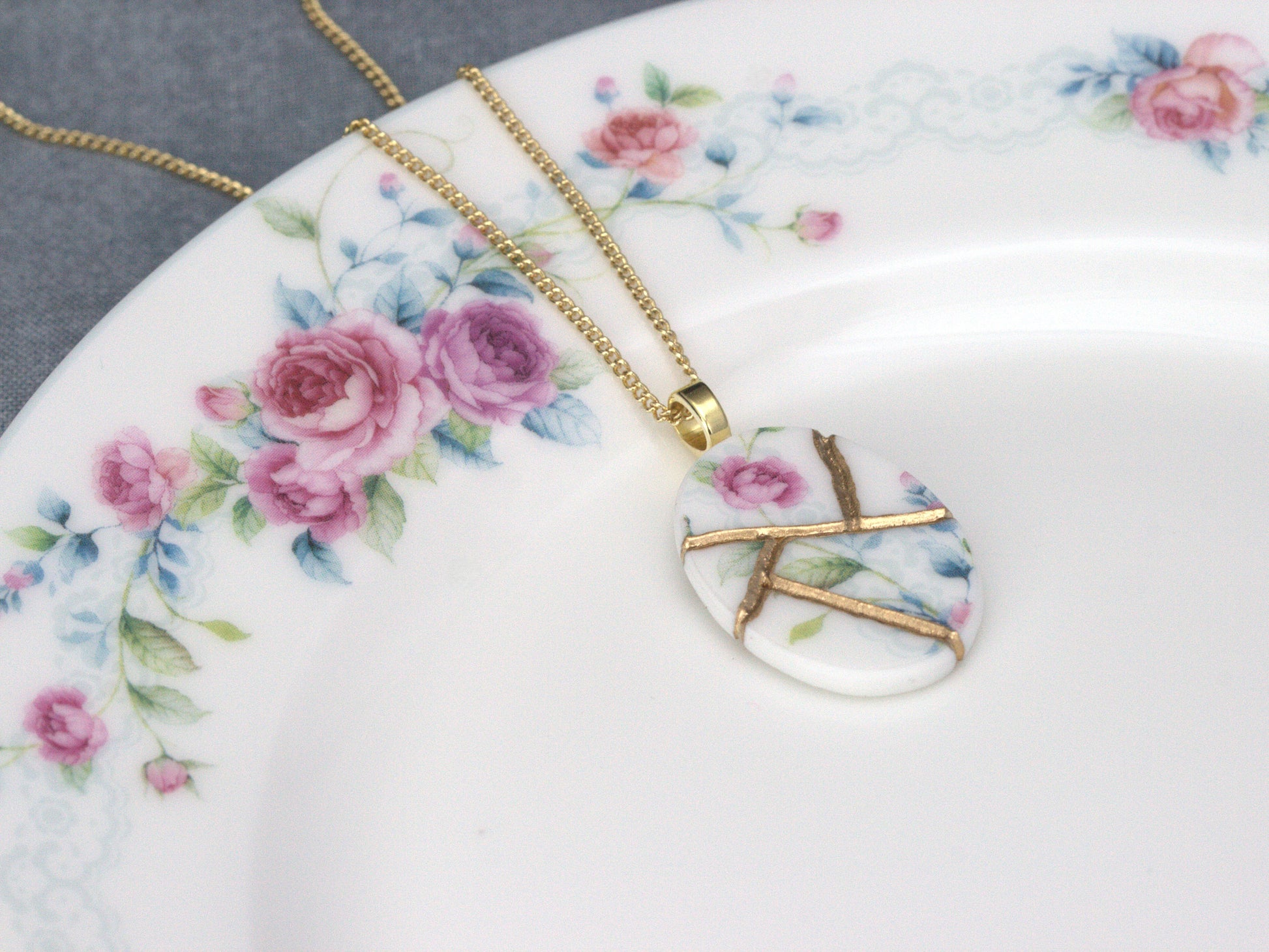 Soft Pastel Floral Kintsugi Necklace Item#P403 Kintsugi Reborn